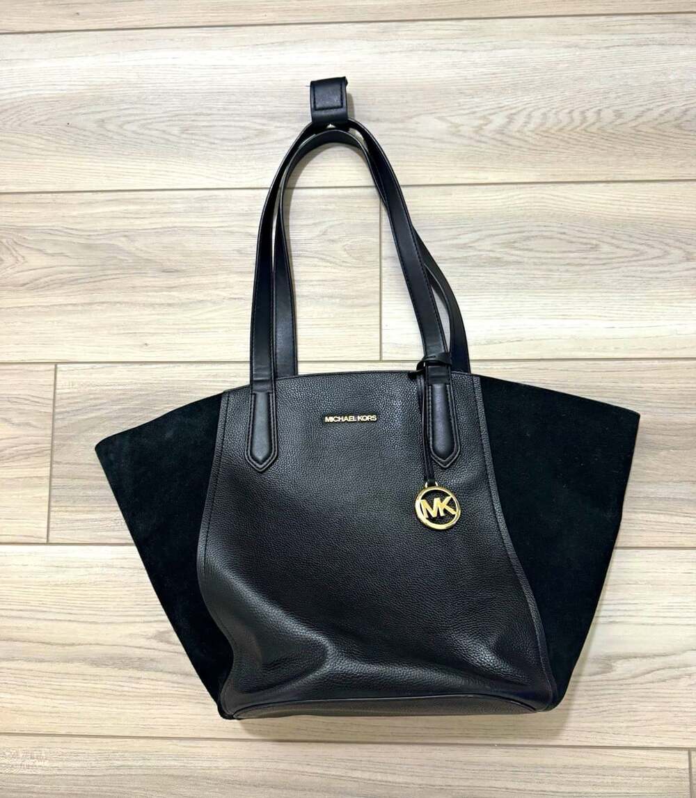 Michael Kors Portia Large Leather Suede Tote Black Gold Hardware Shoulder Bag